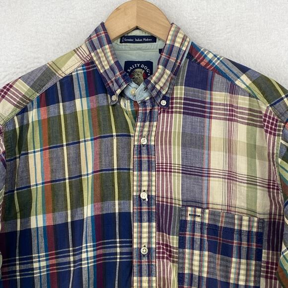 GANT Shirt Men L SALTY DOG Indian Madras Plaid Half Sleeve Button Up Cotton Blue - Picture 3 of 11